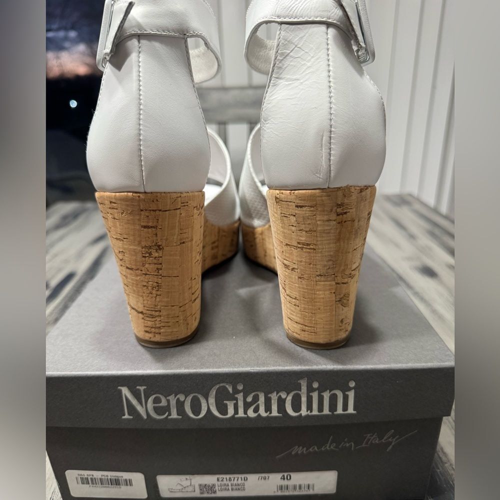 Nero Giardini Loira Bianco Textured Leather Platform Cork Ankle Strap Wedges - Picture 7 of 12